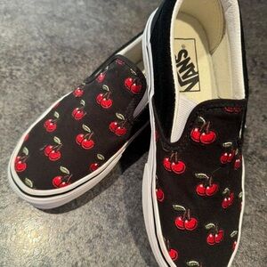 Vans Embroidered Cherry Black and Red Slip On Sneakers in Womens Size 5.5